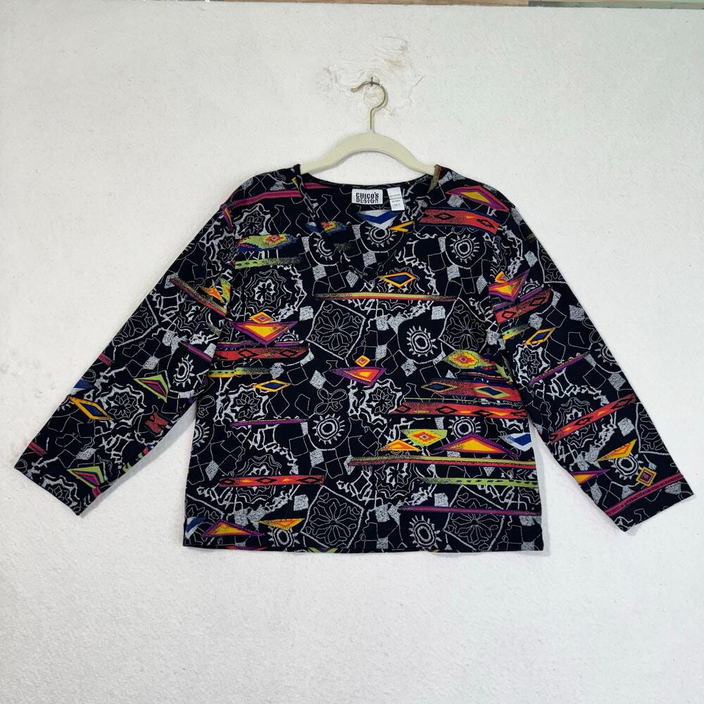 Chico’s VTG Boho-Indie Geometric Abstract Print 3/4 Sleeve Beaded Shirt Large